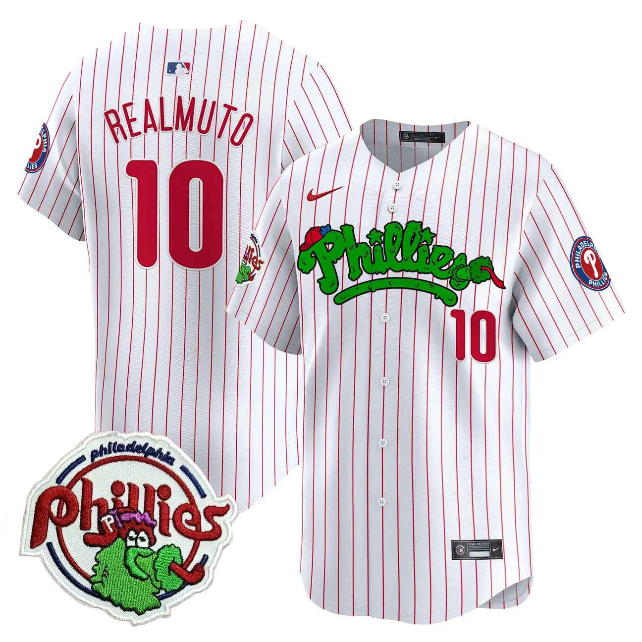 Men's Phillies Phanatic Patch Vapor Premier Limited Jersey V2 PINSTRIPE #10 J.T. REALMUTO