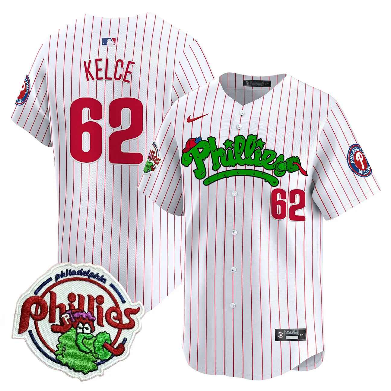 Men's Phillies Phanatic Patch Vapor Premier Limited Jersey V2 PINSTRIPE #62 JASON KELCE