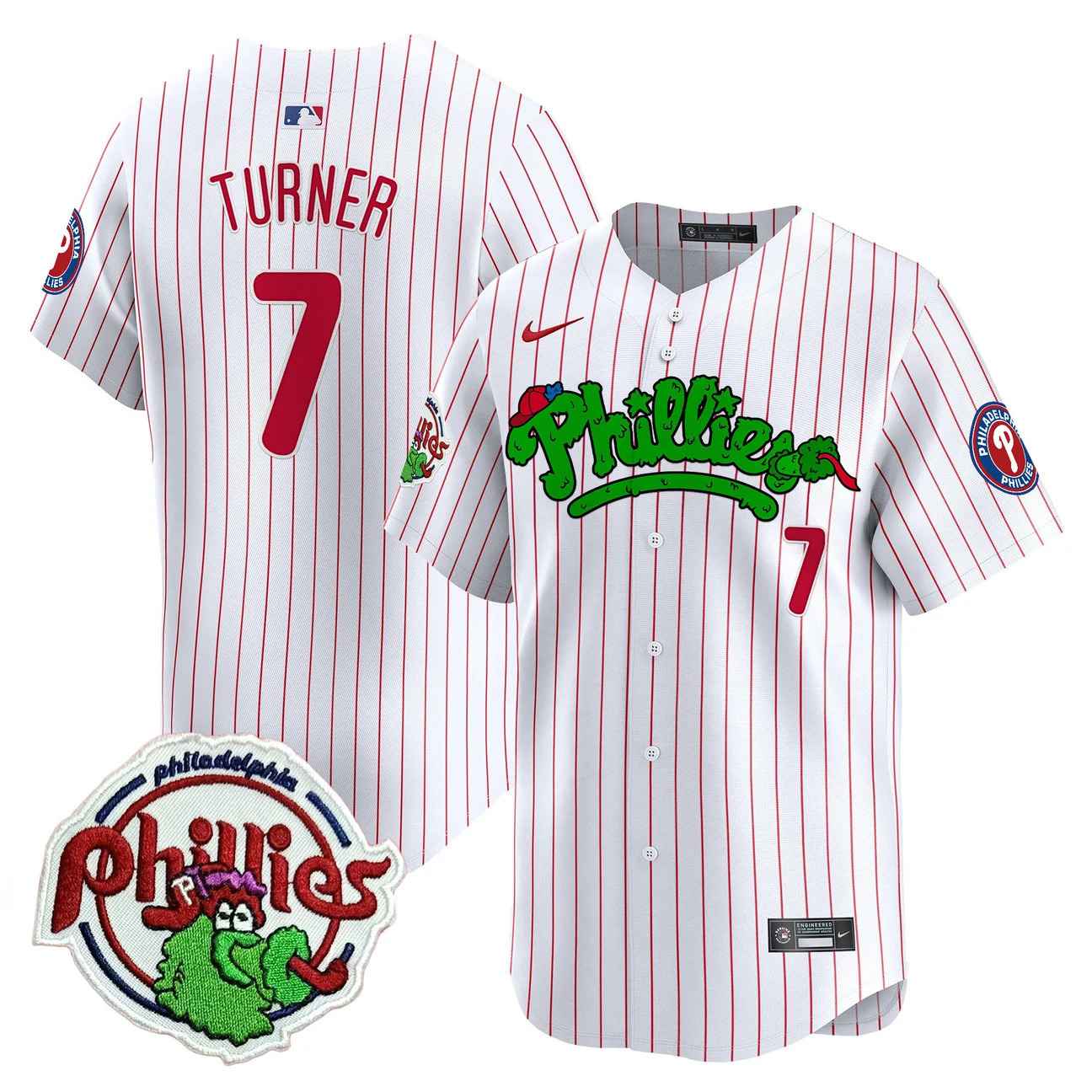 Men's Phillies Phanatic Patch Vapor Premier Limited Jersey V2 PINSTRIPE #7 TREA TURNER