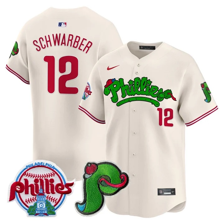 Men's Phillies Phanatic Patch Vapor Premier Limited Jersey V4 CREAM#12 KYLE SCHWARBER