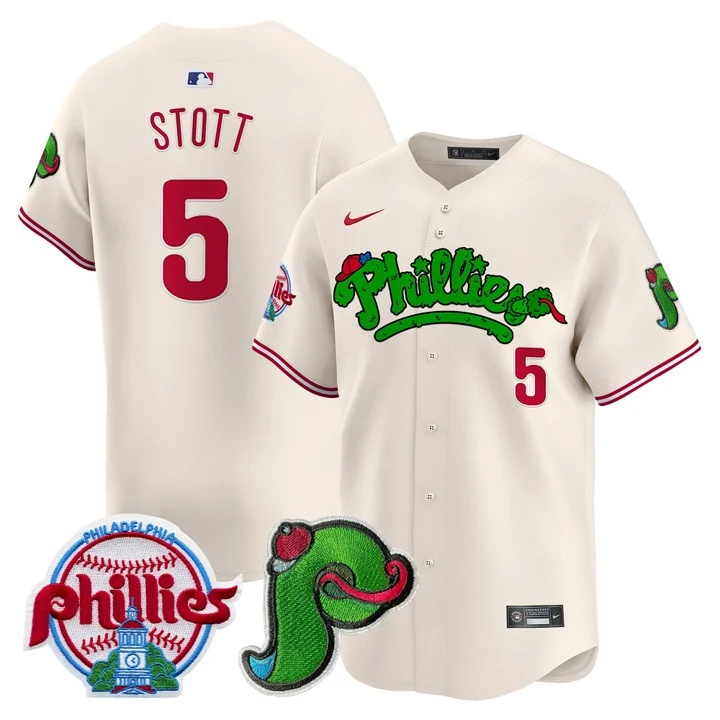 Men's Phillies Phanatic Patch Vapor Premier Limited Jersey V4 CREAM#5 BRYSON STOTT