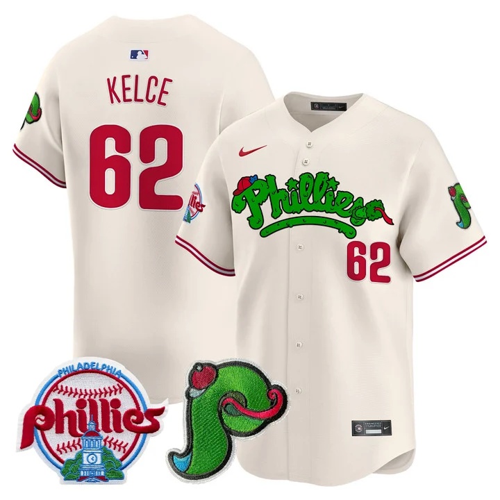 Men's Phillies Phanatic Patch Vapor Premier Limited Jersey V4 CREAM#62 JASON KELCE