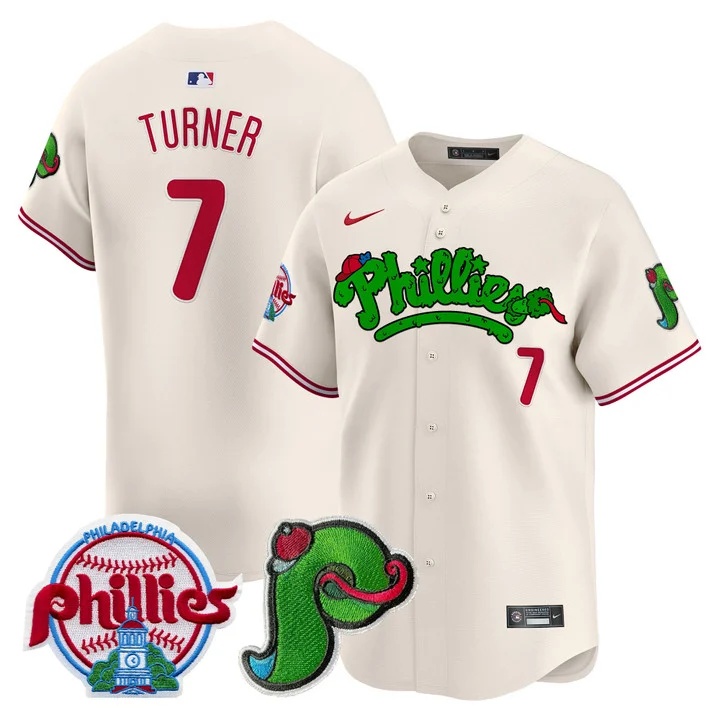 Men's Phillies Phanatic Patch Vapor Premier Limited Jersey V4 CREAM#7 TREA TURNER