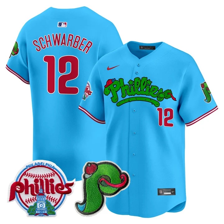 Men's Phillies Phanatic Patch Vapor Premier Limited Jersey V4 LIGHT BLUE#12 KYLE SCHWARBER