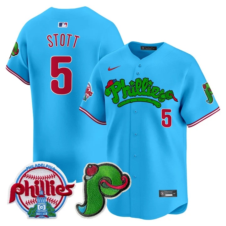 Men's Phillies Phanatic Patch Vapor Premier Limited Jersey V4 LIGHT BLUE#5 BRYSON STOTT
