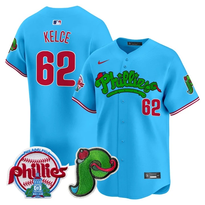 Men's Phillies Phanatic Patch Vapor Premier Limited Jersey V4 LIGHT BLUE#62 JASON KELCE