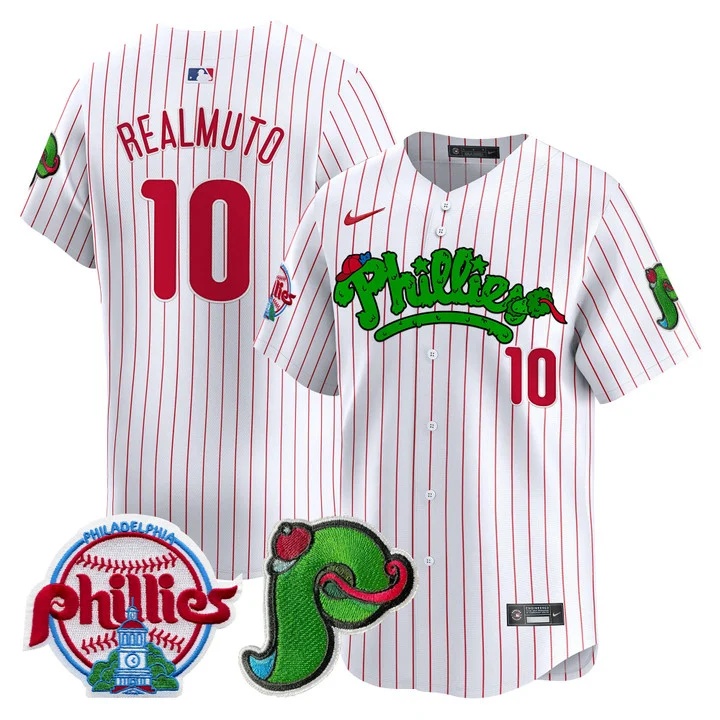 Men's Phillies Phanatic Patch Vapor Premier Limited Jersey V4 WHITE PINSTRIPE#10 J.T.REALMUTO