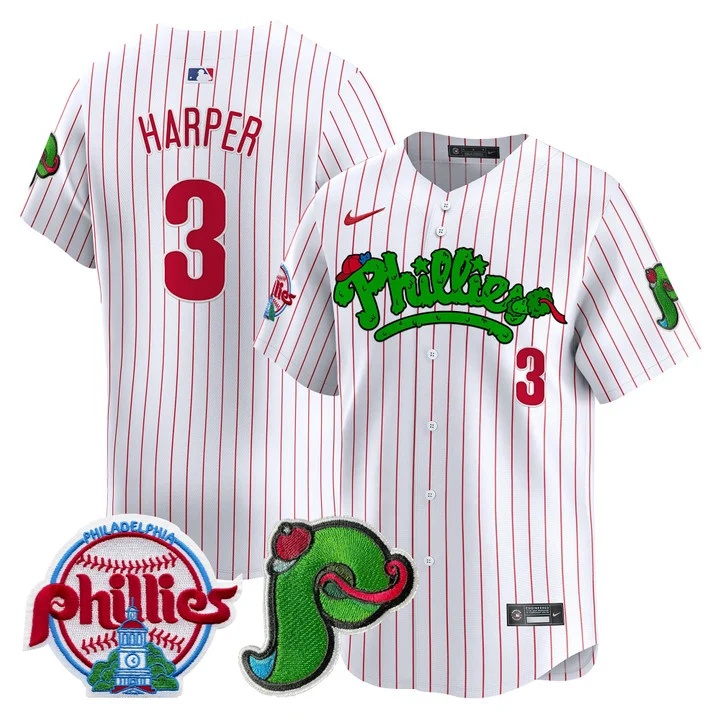 Men's Phillies Phanatic Patch Vapor Premier Limited Jersey V4 WHITE PINSTRIPE#3 BRYCE  HARPER