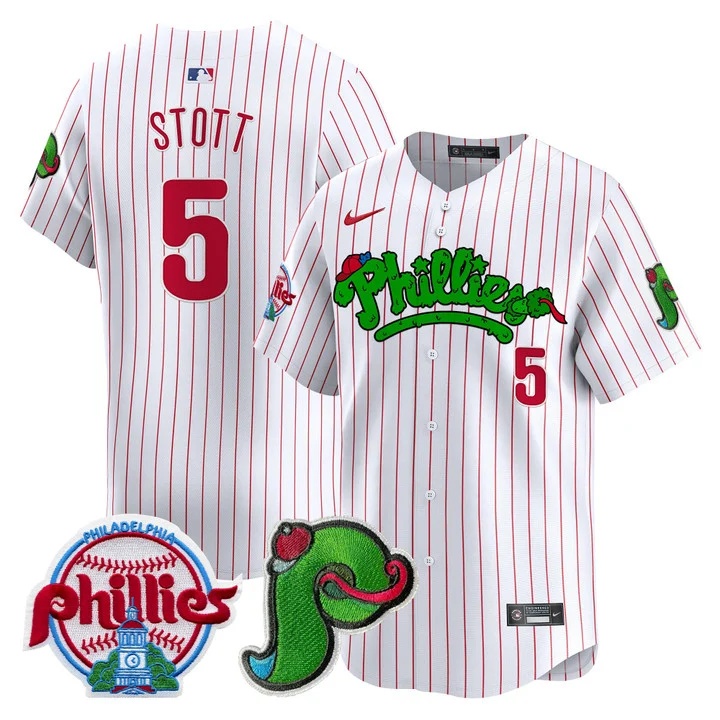Men's Phillies Phanatic Patch Vapor Premier Limited Jersey V4 WHITE PINSTRIPE#5 BRYSON STOTT