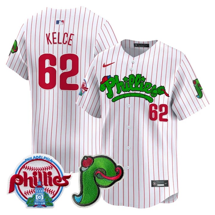 Men's Phillies Phanatic Patch Vapor Premier Limited Jersey V4 WHITE PINSTRIPE#62 JASON KELCE
