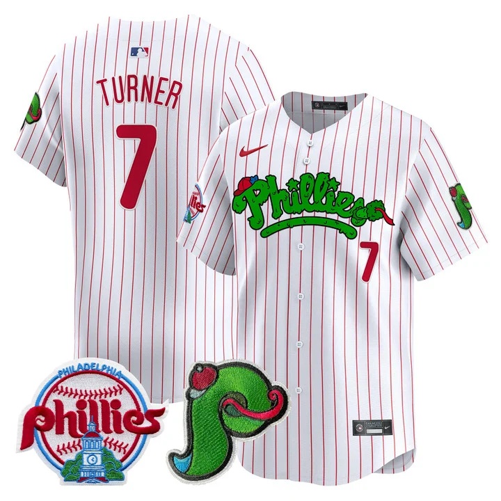 Men's Phillies Phanatic Patch Vapor Premier Limited Jersey V4 WHITE PINSTRIPE#7 TREA TURNER