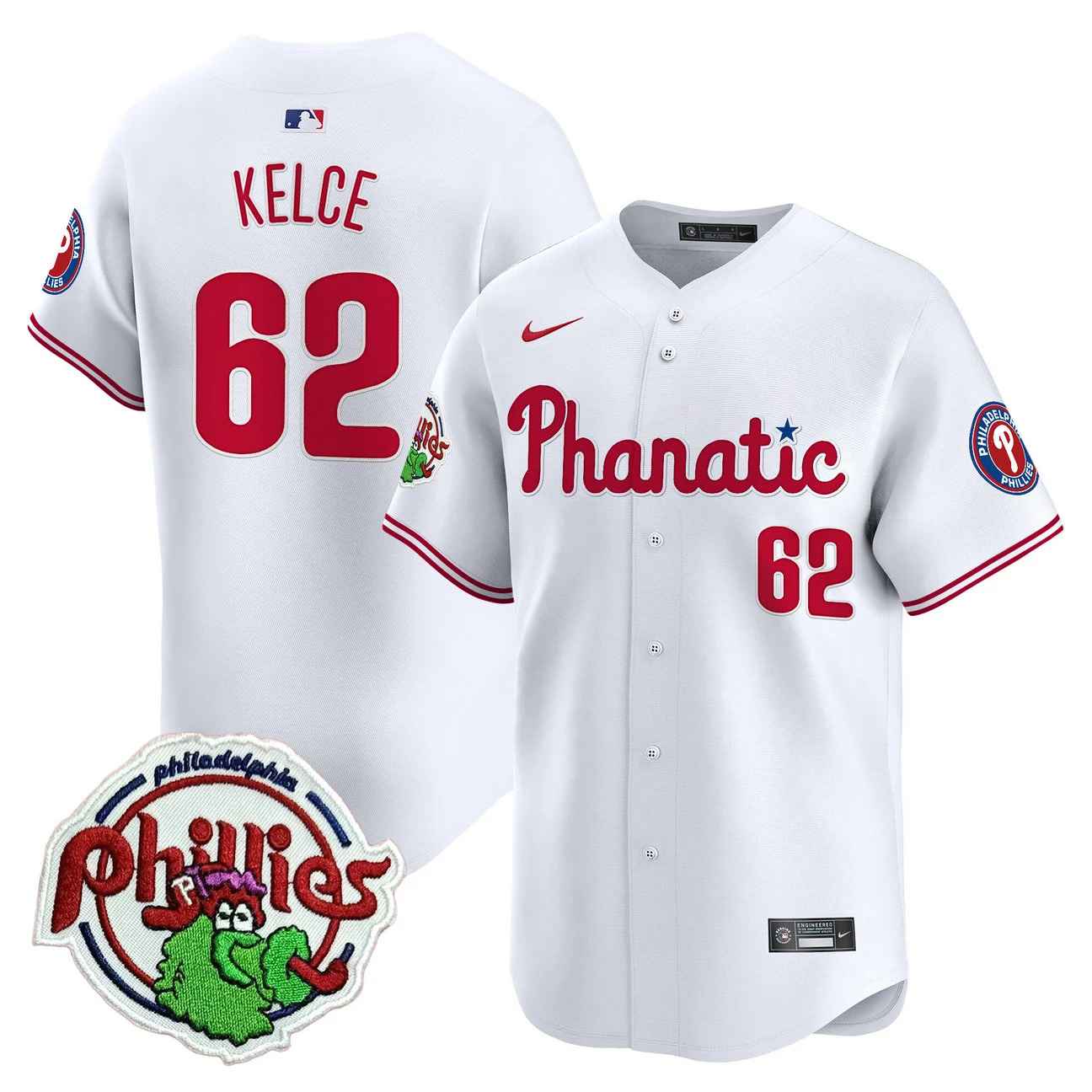 Men's Phillies Phanatic Patch Vapor Premier Limited Jersey WHITE #62 JASON KELCE