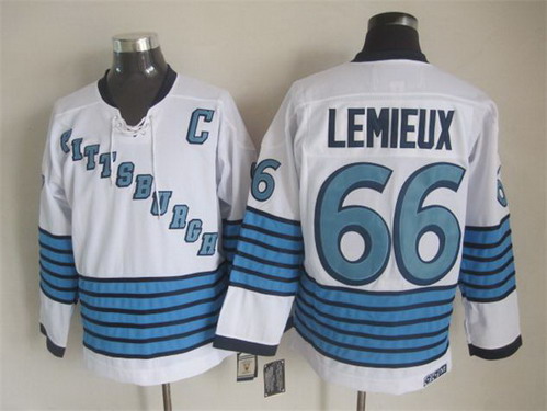 Men's Pittsburgh Penguins #66 Mario Lemieux White Stripe CCM Vintage Throwback1967 Home Jersey Stitched