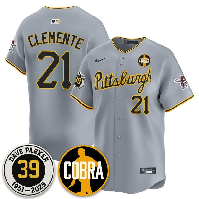 Men's Pittsburgh Pirates Memories Dave Parker Jersey- “COBRA” Patch GRAY #21 ROBERTO CLEMENTE
