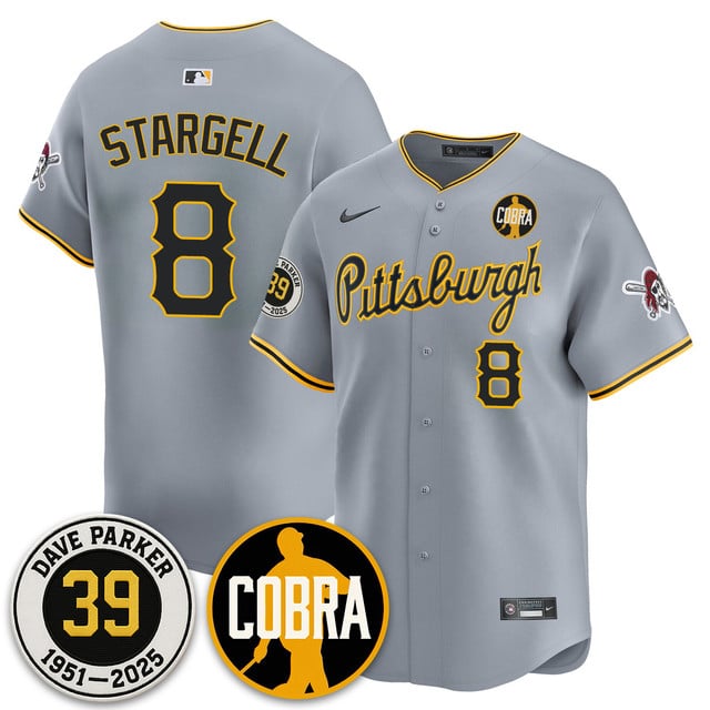 Men's Pittsburgh Pirates Memories Dave Parker Jersey- “COBRA” Patch GRAY #8 WILLIE STARGELL