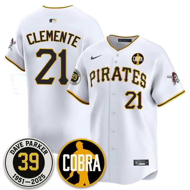 Men's Pittsburgh Pirates Memories Dave Parker Jersey- “COBRA” Patch WHITE #21 ROBERTO CLEMENTE