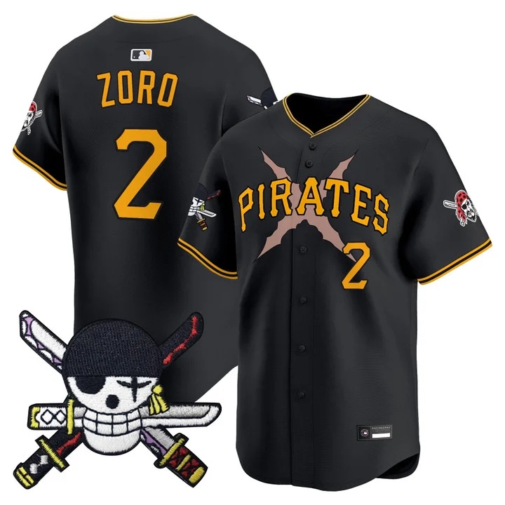 Men's Pittsburgh Pirates x One Piece Zoro Patch Vapor Premier Limited Jersey BLACK#2 ZORO