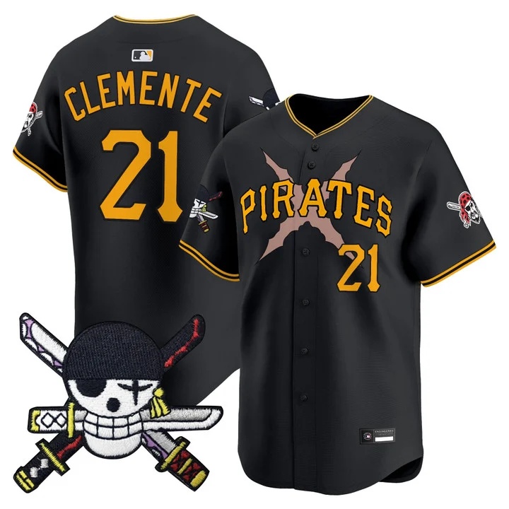 Men's Pittsburgh Pirates x One Piece Zoro Patch Vapor Premier Limited Jersey BLACK#21 ROBERTO CLEMENTE