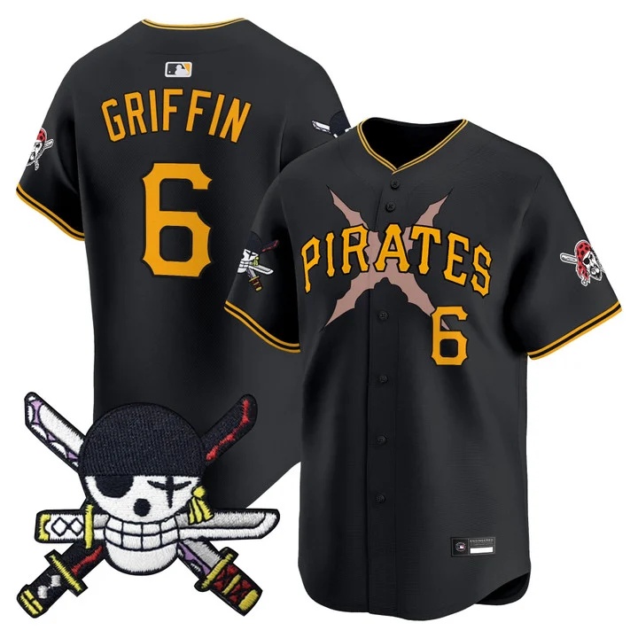 Men's Pittsburgh Pirates x One Piece Zoro Patch Vapor Premier Limited Jersey BLACK#6 KONNOR GRIFFIN