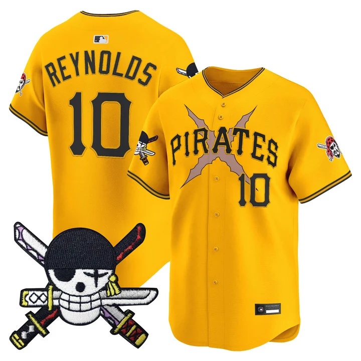 Men's Pittsburgh Pirates x One Piece Zoro Patch Vapor Premier Limited Jersey GOLD#10 BRYAN REYNOLDS