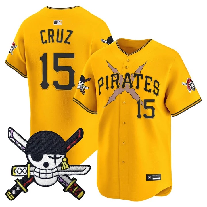 Men's Pittsburgh Pirates x One Piece Zoro Patch Vapor Premier Limited Jersey GOLD#15 ONEIL CRUZ