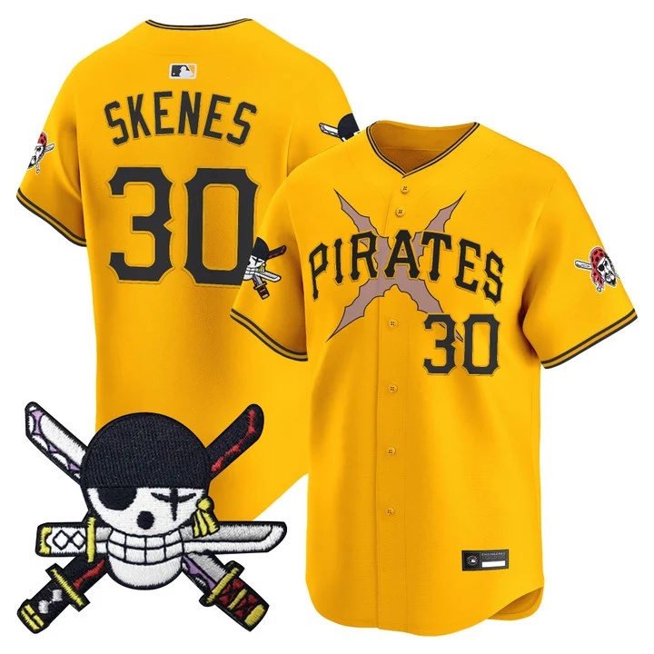 Men's Pittsburgh Pirates x One Piece Zoro Patch Vapor Premier Limited Jersey GOLD#30 PAUL SKENES
