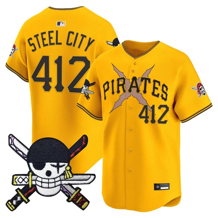 Men's Pittsburgh Pirates x One Piece Zoro Patch Vapor Premier Limited Jersey GOLD#412 STEEL CITY