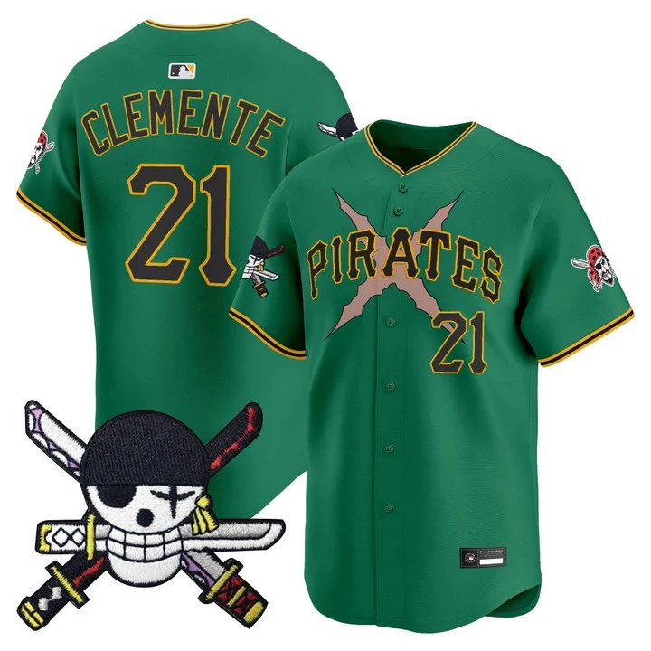 Men's Pittsburgh Pirates x One Piece Zoro Patch Vapor Premier Limited Jersey GREEN#21 ROBERTO CLEMENTE