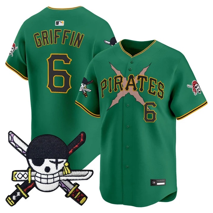 Men's Pittsburgh Pirates x One Piece Zoro Patch Vapor Premier Limited Jersey GREEN#6 KONNOR GRIFFIN