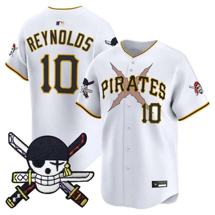 Men's Pittsburgh Pirates x One Piece Zoro Patch Vapor Premier Limited Jersey WHITE#10 BRYAN REYNOLDS