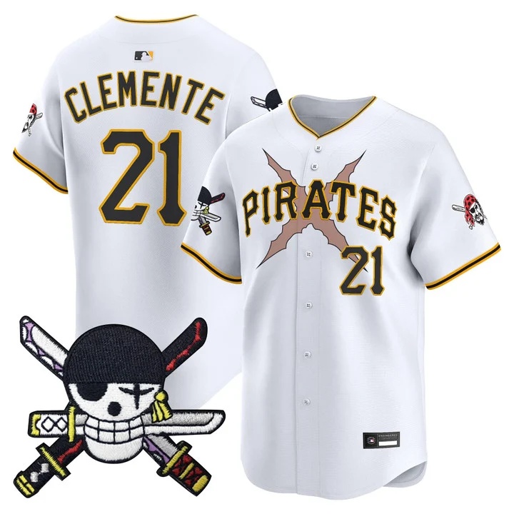 Men's Pittsburgh Pirates x One Piece Zoro Patch Vapor Premier Limited Jersey WHITE#21 ROBERTO CLEMENTE