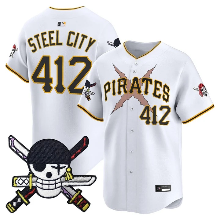Men's Pittsburgh Pirates x One Piece Zoro Patch Vapor Premier Limited Jersey WHITE#412 STEEL CITY