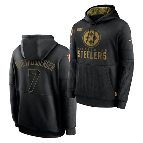Men's Pittsburgh Steelers #7 Ben Roethlisberger 2020 Salute To Service Black Sideline Performance Pullover Hoodie