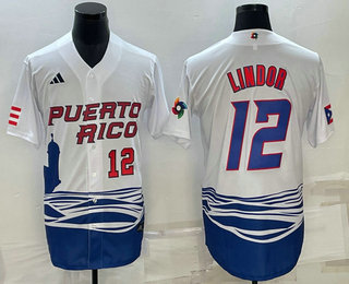 Men's Puerto Rico Baseball #23 Francisco Lindor Number White 2023 World Baseball Classic Stitched Jerseys