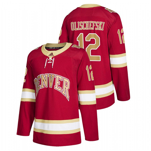 Men's Red Denver Pioneers Kohen Olischefski College Hockey Road Jersey