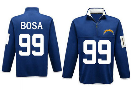Men's San Diego Chargers 99 Bosa Antigua Charcoal Fortune Sweater Knit Microfleece Quarter-Zip Pullover Blue Jacket
