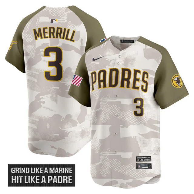 Men's San Diego Padres 2025 Armed Forces Day Vapor Premier Limited Jersey #3 JACKSON MERRILL.webp