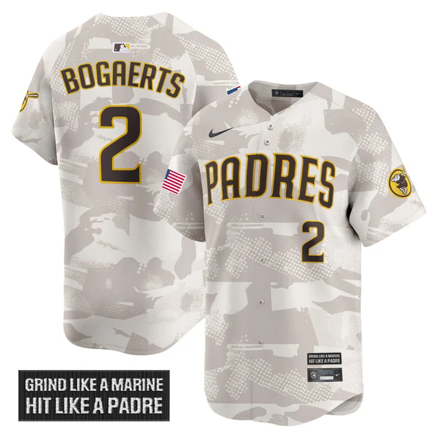 Men's San Diego Padres 2025 Armed Forces Day Vapor Premier Limited Jersey CAMO #2 XANDER BOGAERTS.webp