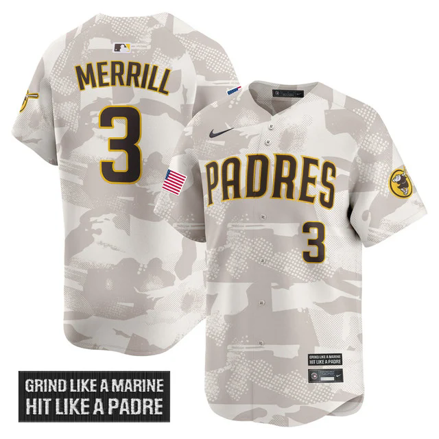 Men's San Diego Padres 2025 Armed Forces Day Vapor Premier Limited Jersey CAMO #3 JACKSON MERRILL.webp