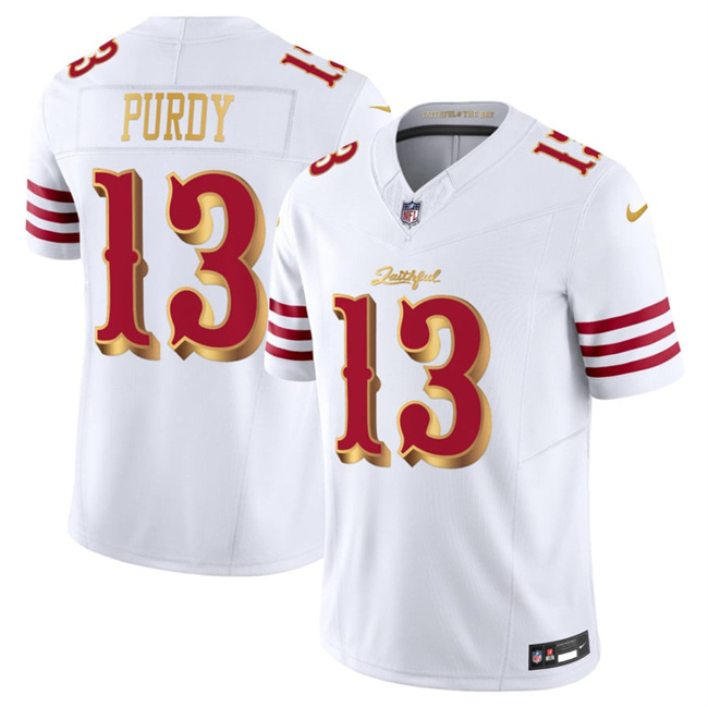 Men's San Francisco 49ers #13 Brock Purdy White Gold 2025 F.U.S.E. a??Rivalriesa?? Vapor Limited Football Stitched Jersey
