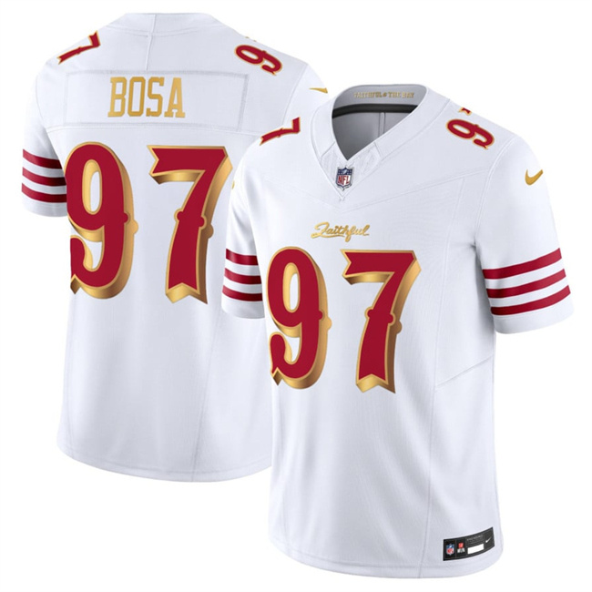 Men's San Francisco 49ers #97 Nick Bosa White Gold 2025 F.U.S.E. a??Rivalriesa?? Vapor Limited Football Stitched Jersey