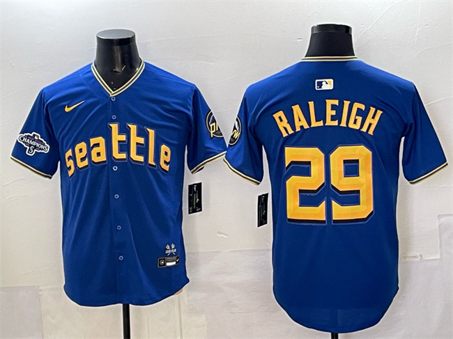 Men's Seattle Mariners #29 Cal Raleigh Royal With 2025 AL West Division Champions Patch City Connect Limited Stitched Baseball Jersey