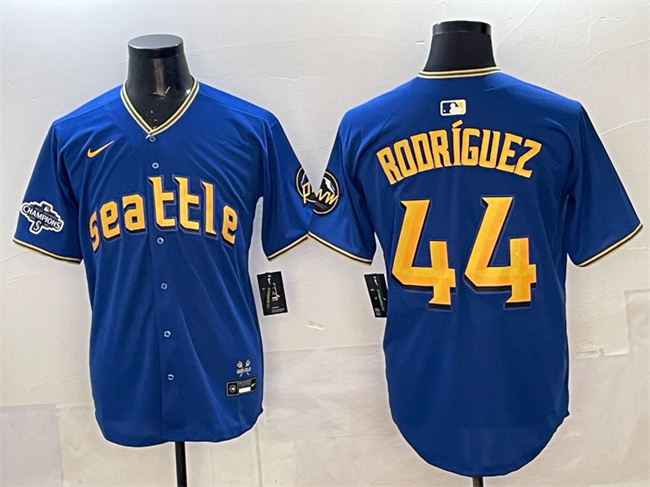 Men's Seattle Mariners #44 Julio Rodr?-guez Royal With 2025 AL West Division Champions Patch City Connect Limited Stitched Baseball Jersey