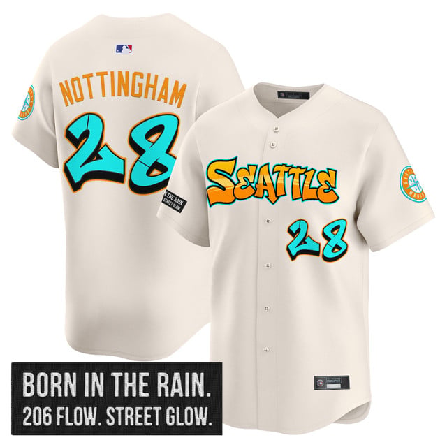 Men's Seattle Mariners 'Graffiti Emerald Drop Edition' Vapor Premier Limited Jersey CREAM#28 JACOB NOTTINGHAM