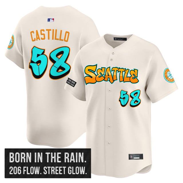 Men's Seattle Mariners 'Graffiti Emerald Drop Edition' Vapor Premier Limited Jersey CREAM#58 LUIS CASTILLO