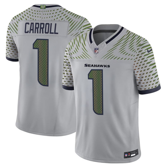 Men's Seattle Seahawks #1 Pete Carroll Gray 2025 F.U.S.E. a??Rivalriesa?? Vapor Untouchable Limited Football Stitched Jersey