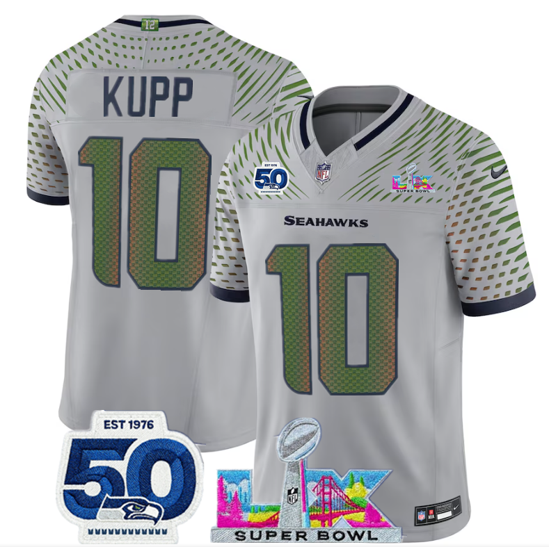 Men's Seattle Seahawks #10 Cooper Kupp Grey 2025 F.U.S.E. Super Bowl LX Patch And 50th Season Patch a??Rivalriesa?? Vapor Limited Football Stitched Jersey