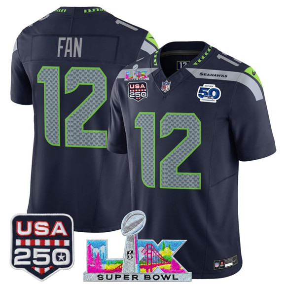 Men's Seattle Seahawks #12 Fan Navy 2025 F.U.S.E. Super Bowl LX Patch And 50th Season Patch Vapor Limited Football Stitched Jersey