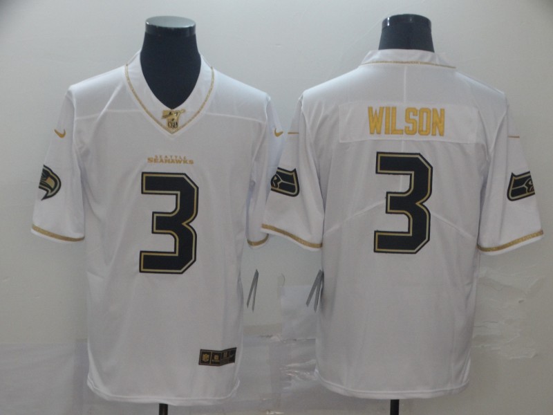 Men's Seattle Seahawks #3 Russell Wilson Teams White Gold Retro Football Jersey