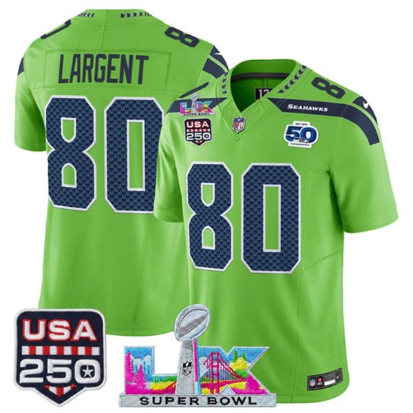 Men's Seattle Seahawks #80 Steve Largent Green 2025 F.U.S.E. Super Bowl LX Patch And 50th Season & USA 250' Patch Vapor Limited Football Stitched Jersey